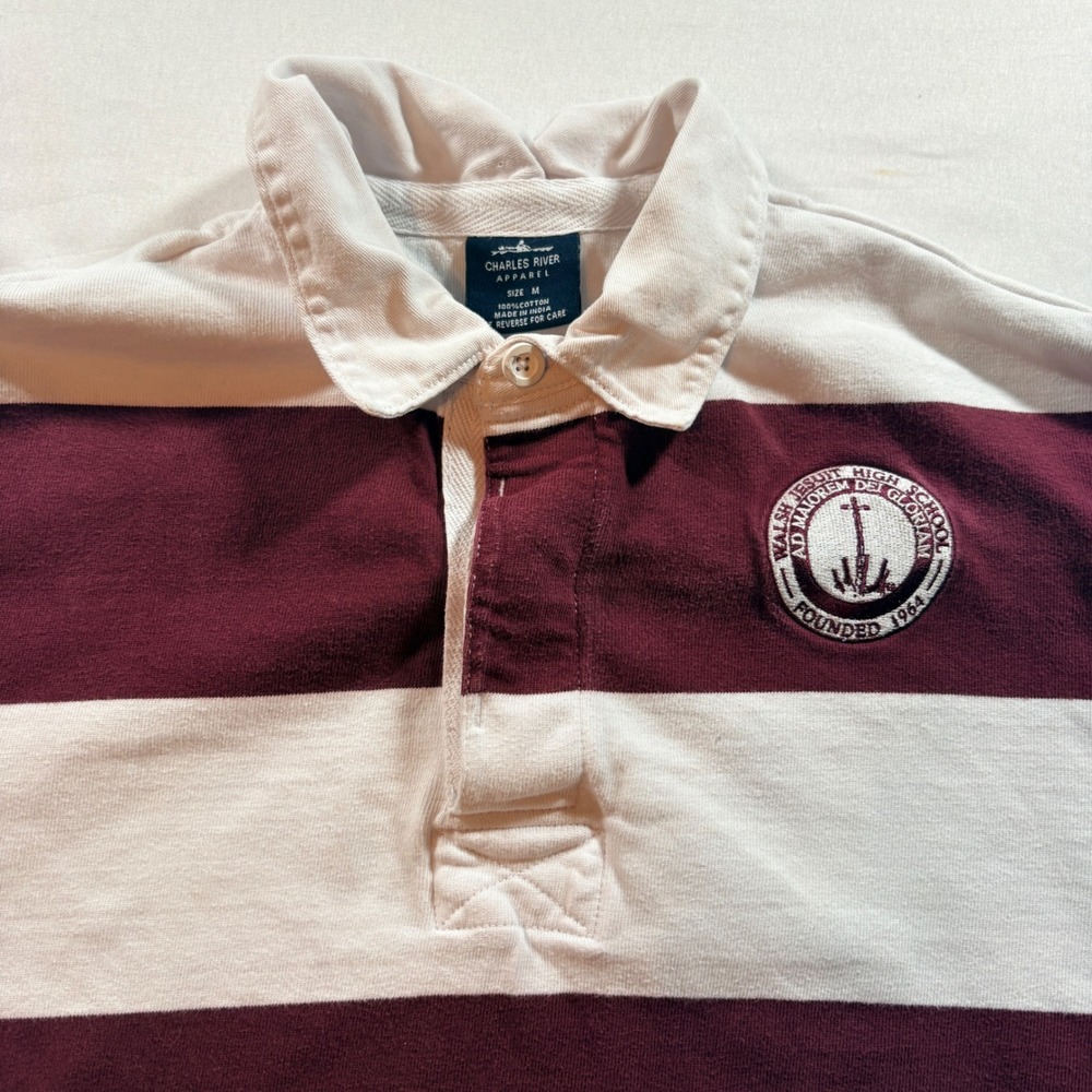 Charles River Apparel Rugby Shirt Mens Medium Burgundy White Striped Cotton Polo